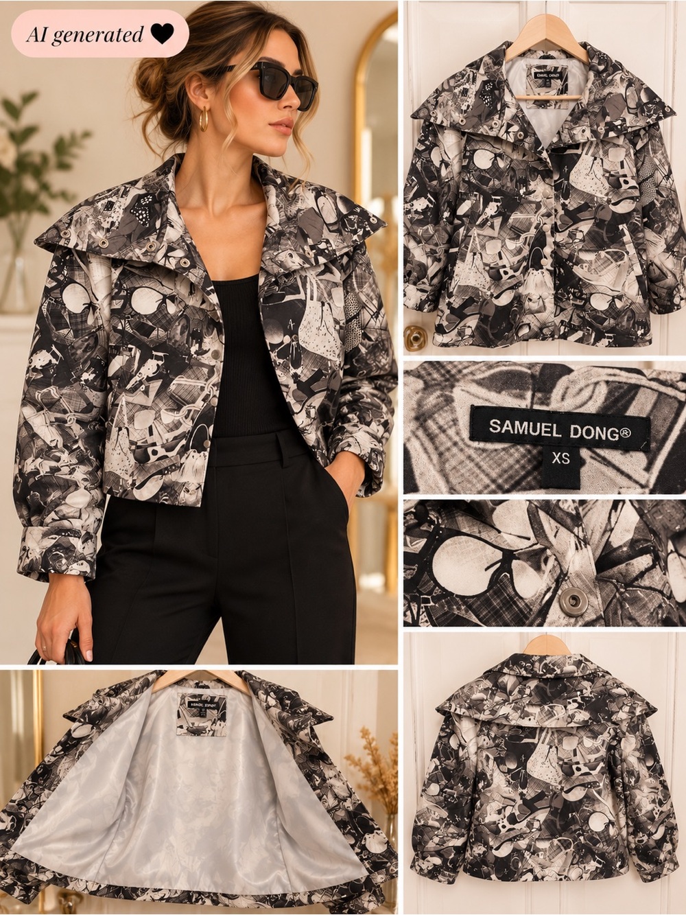Samuel Dong Black & White Abstract Collage Print Jacket | XS